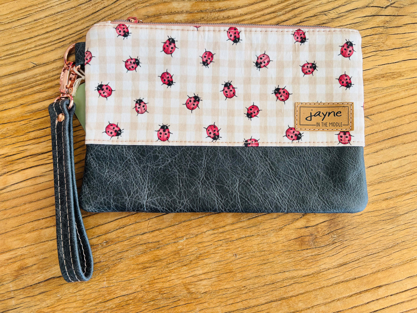 Lady Bug Fabric & Leather Wristlet Clutch