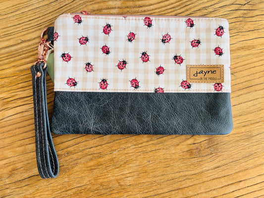 Lady Bug Fabric & Leather Wristlet Clutch