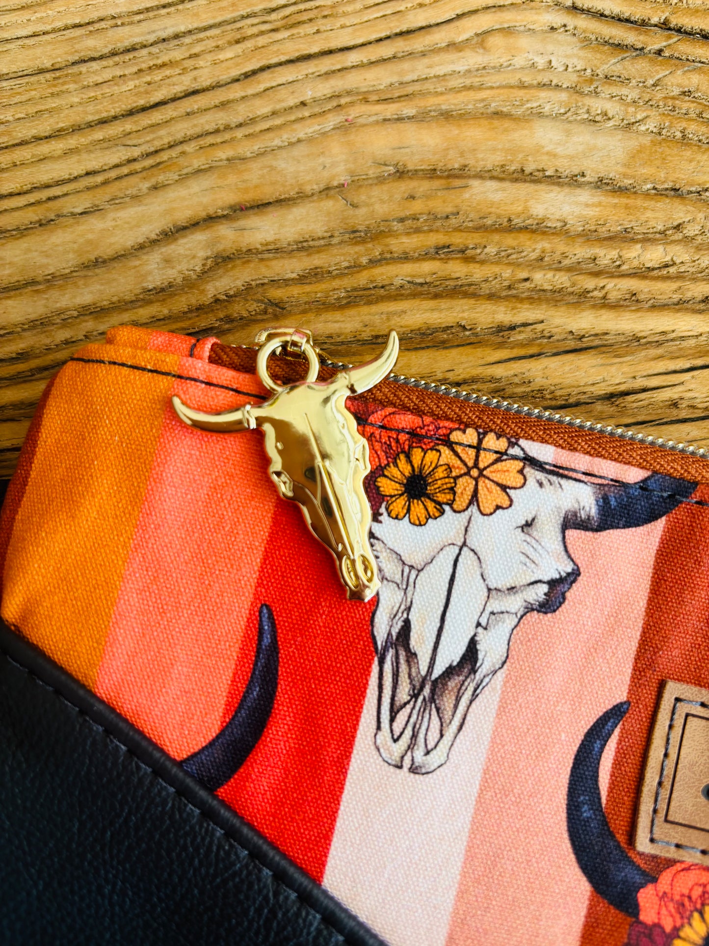 Bull Skull Fabric & Leather Wristlet Clutch