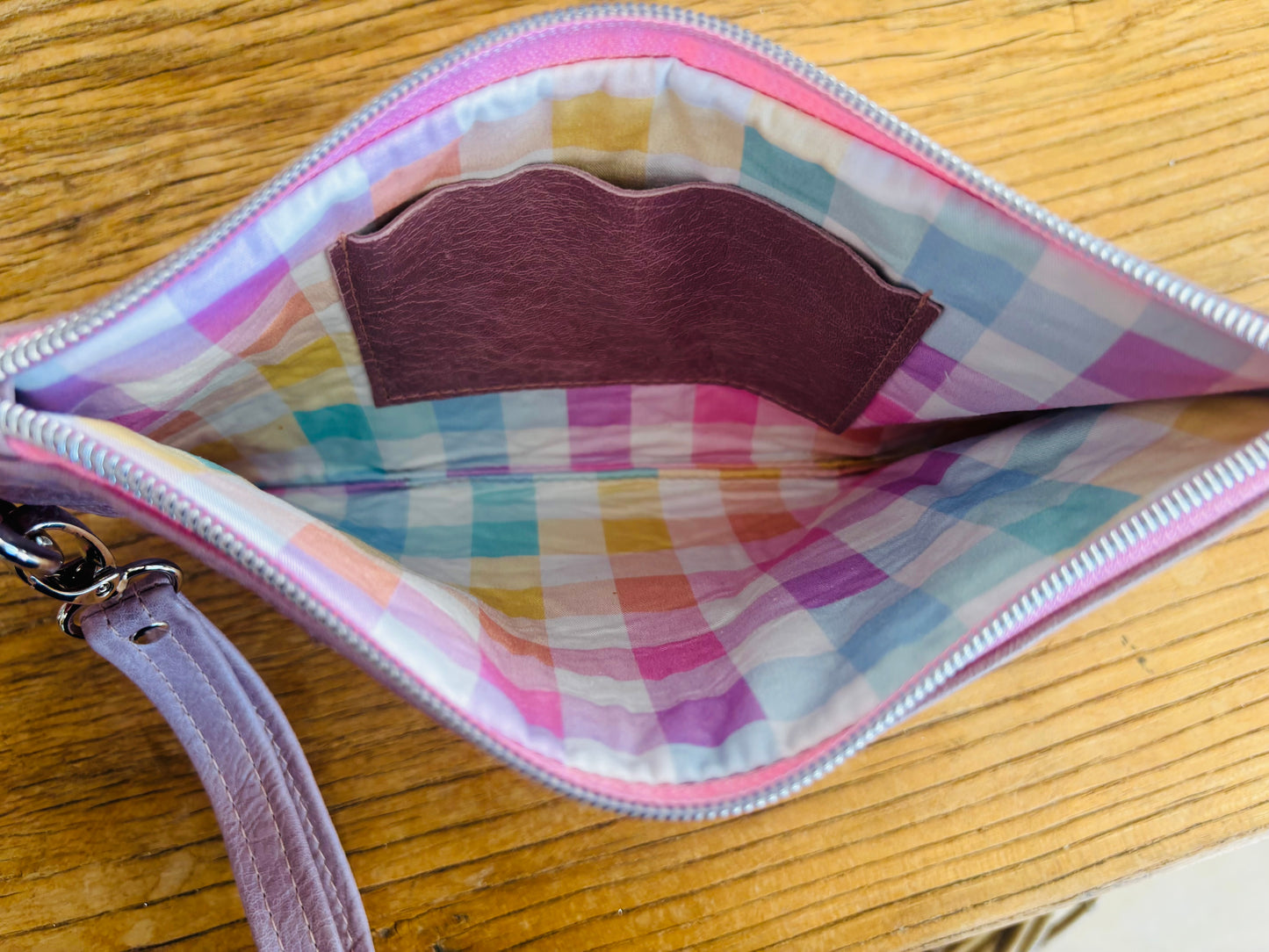 Rainbow Gingham Leather & Fabric Duo Zipper Wristlet Clutch