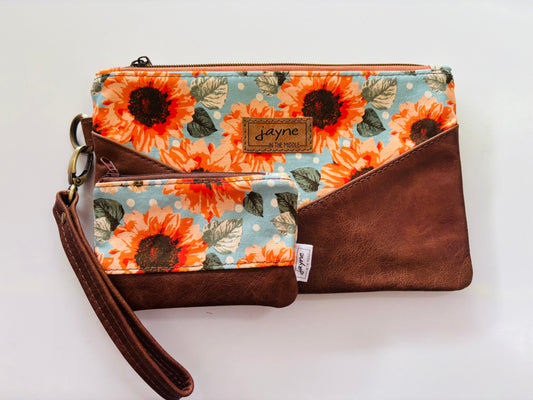 Orange Sunflower Wristlet Clutch & Coin Purse Set