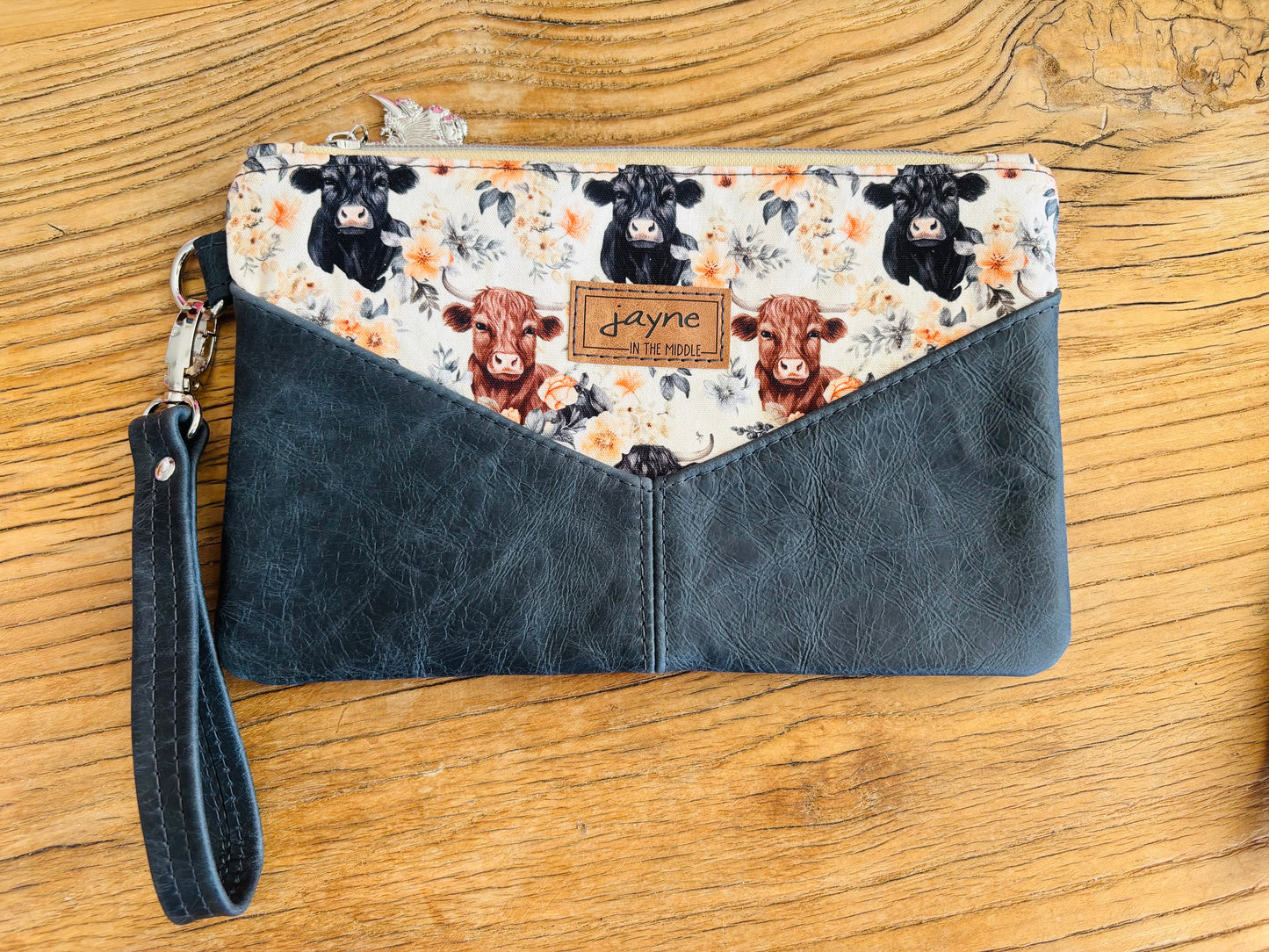 Floral Cows Fabric & Leather Wristlet Clutch