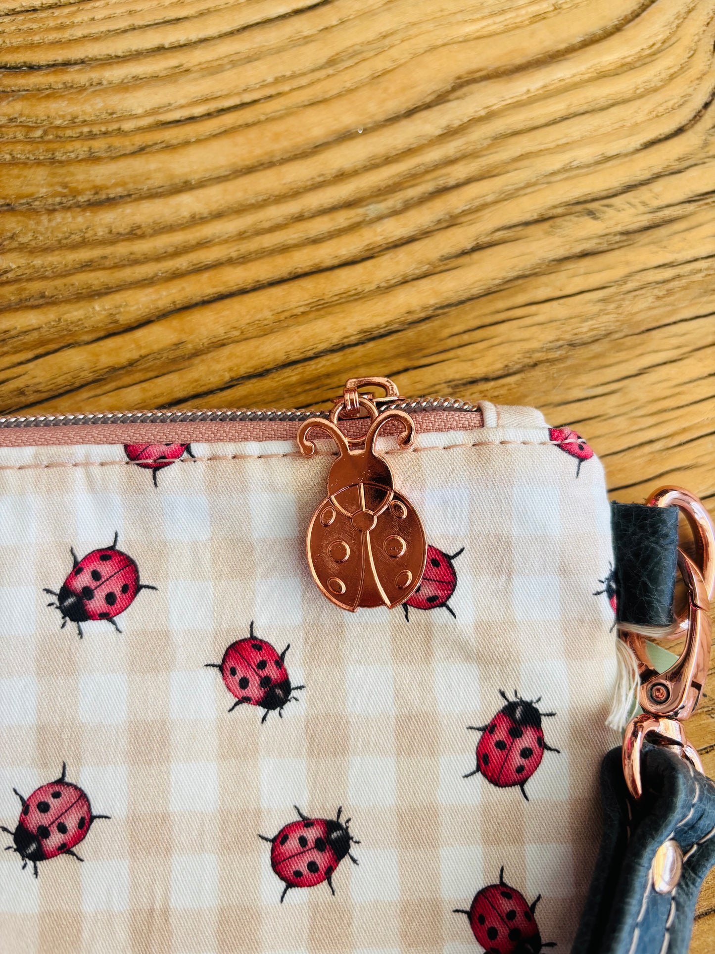 Lady Bug Fabric & Leather Wristlet Clutch