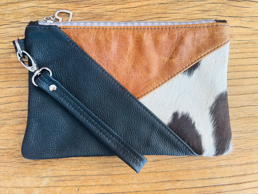 Tan & Black Cowhide & Tri Tone Leather Wristlet Clutch