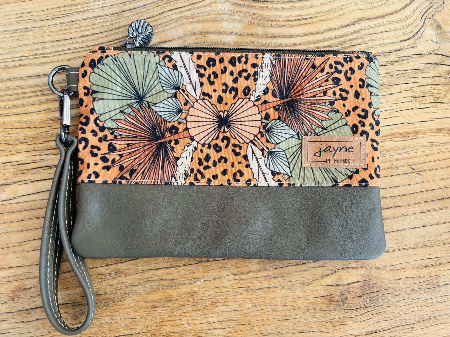 Green Boho Florals Fabric & Leather Wristlet Clutch