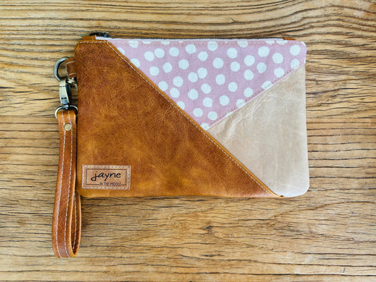 Pink & White Poke-a-dot Fabric & Tan/Beige Two Tone Leather Wristlet Clutch