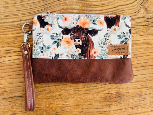 Floral Highland Cows Fabric & Leather Wristlet Clutch
