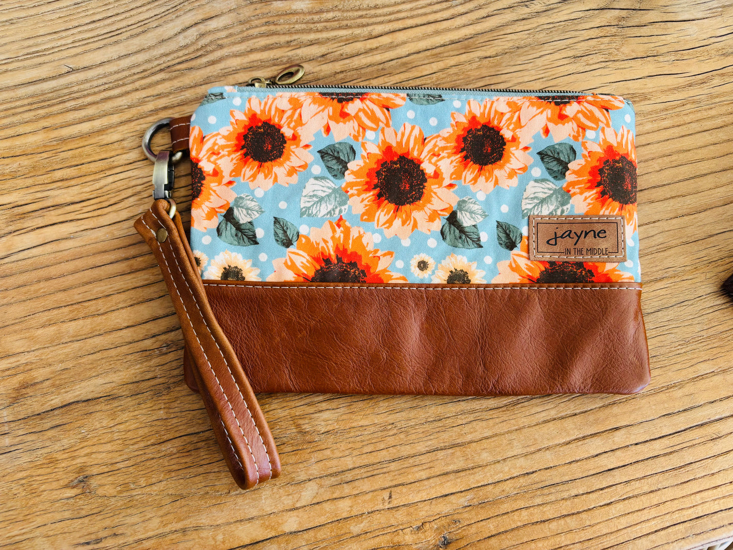 Orange Sunflower Fabric & Leather Wristlet Clutch
