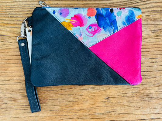 Watercolour Fabric & Black/Pink Two Tone Leather Wristlet Clutch