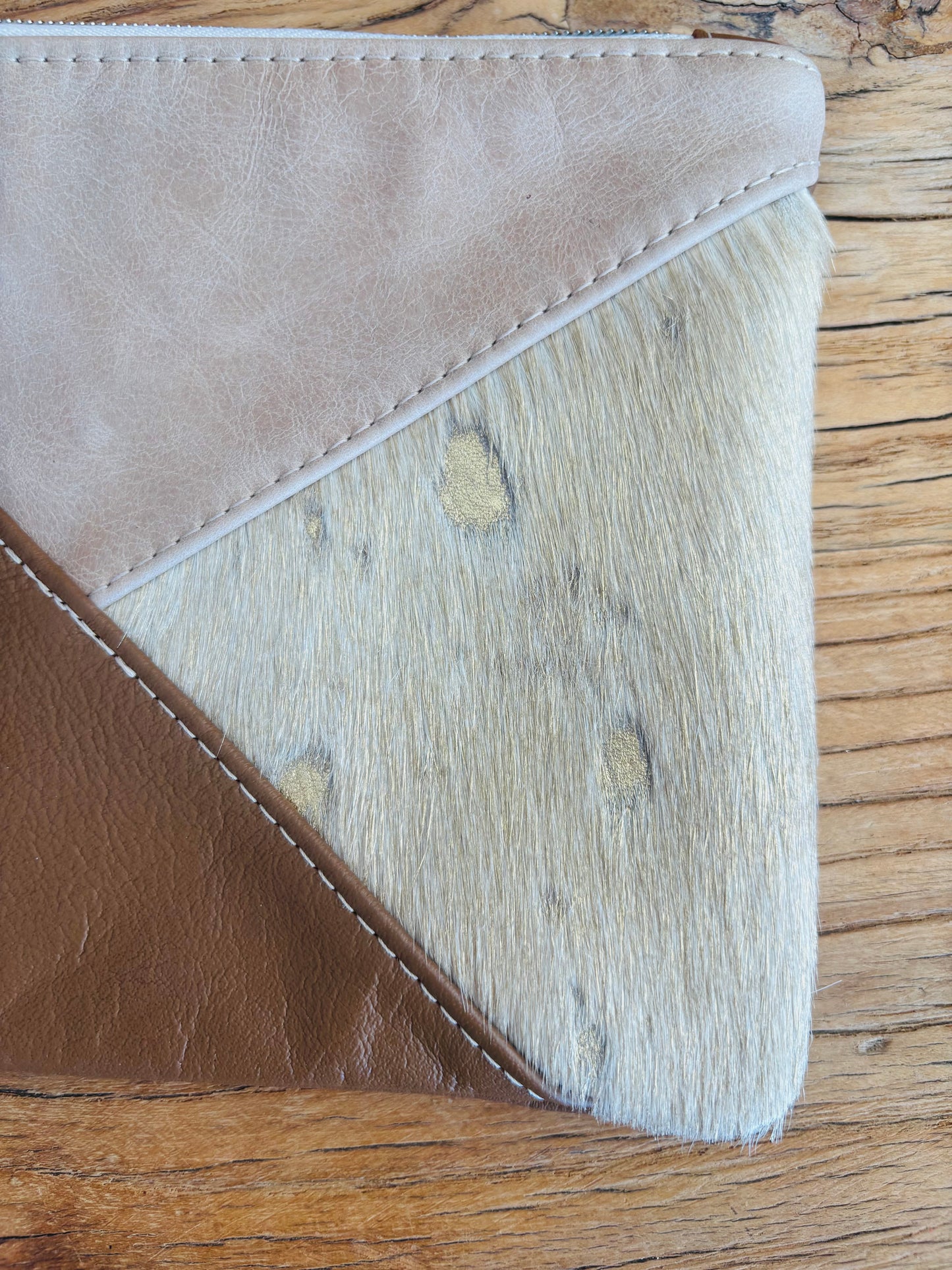 Gold Speckle Cowhide & Tri Tone Leather Wristlet Clutch