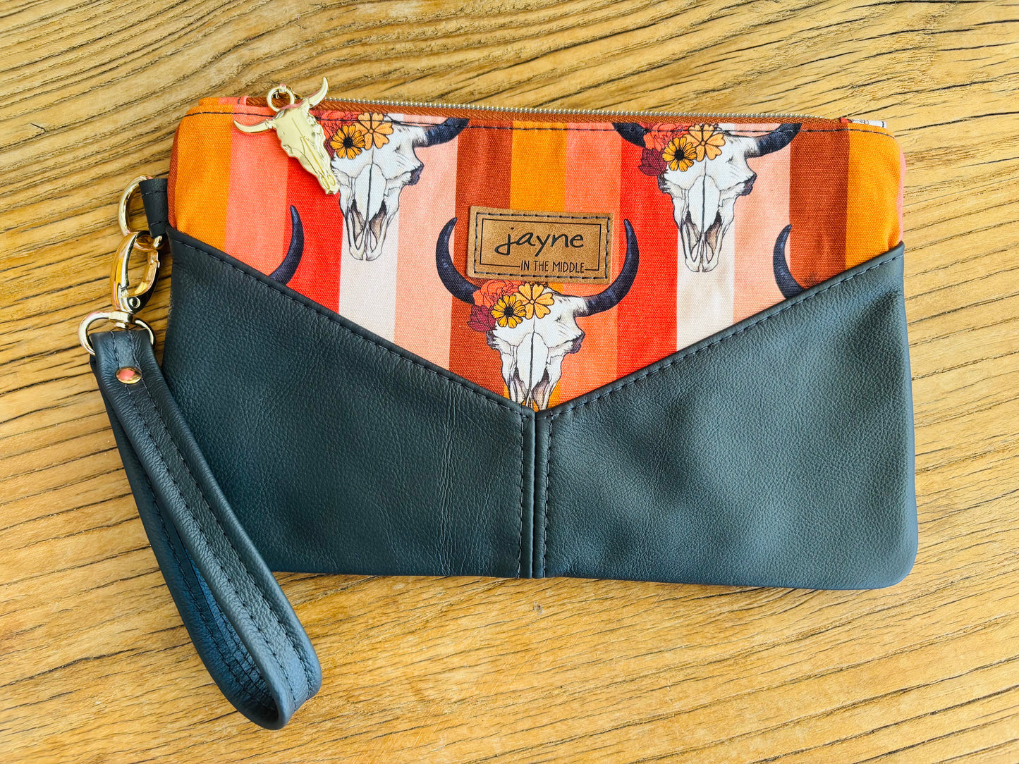 Bull Skull Fabric & Leather Wristlet Clutch