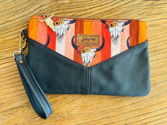 Bull Skull Fabric & Leather Wristlet Clutch