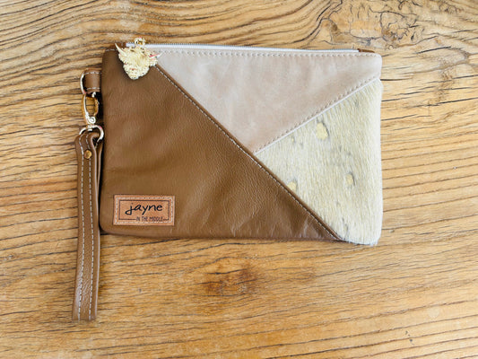 Gold Speckle Cowhide & Tri Tone Leather Wristlet Clutch