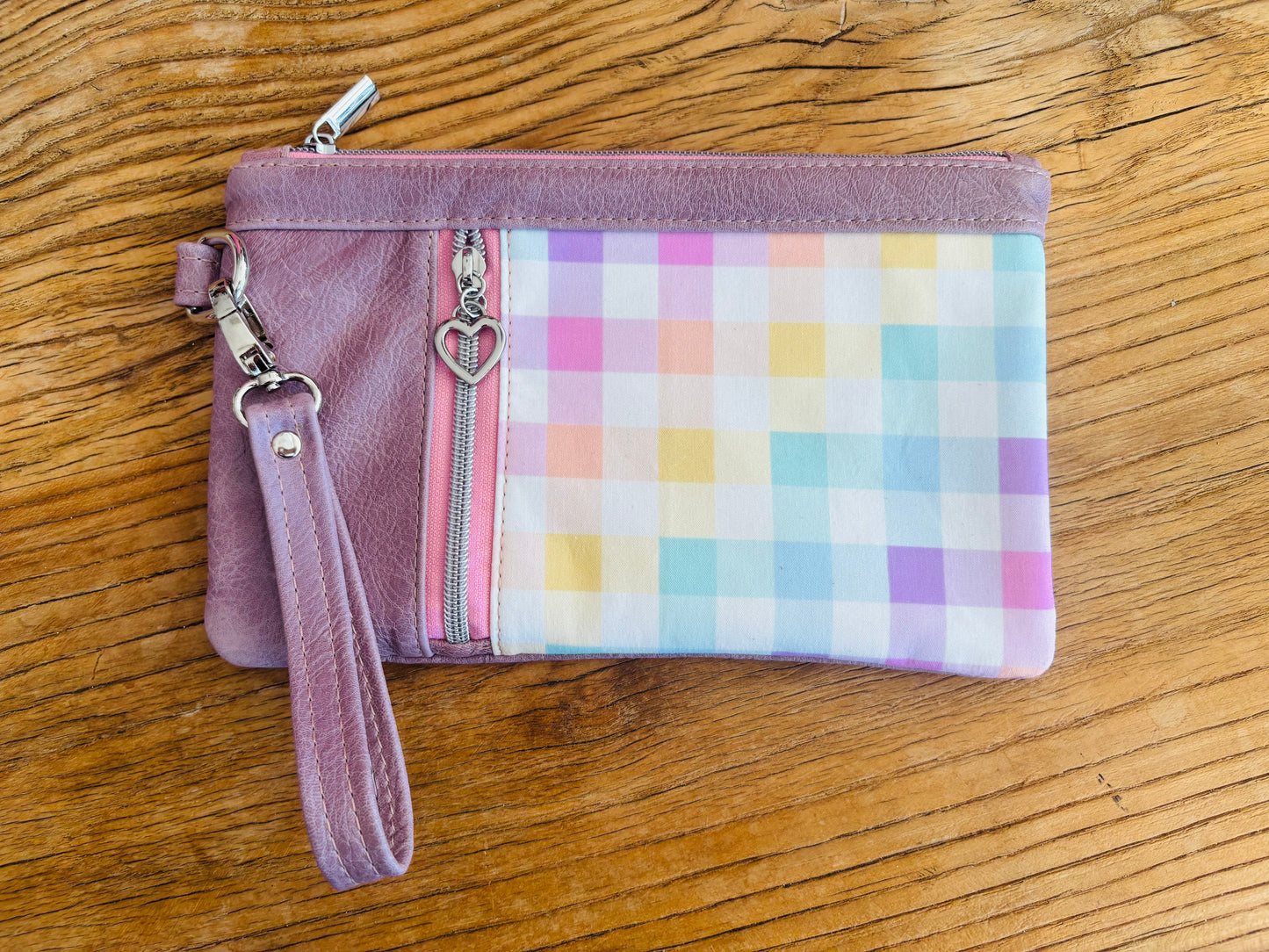 Rainbow Gingham Leather & Fabric Duo Zipper Wristlet Clutch