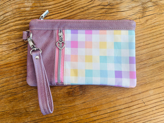 Rainbow Gingham Leather & Fabric Duo Zipper Wristlet Clutch