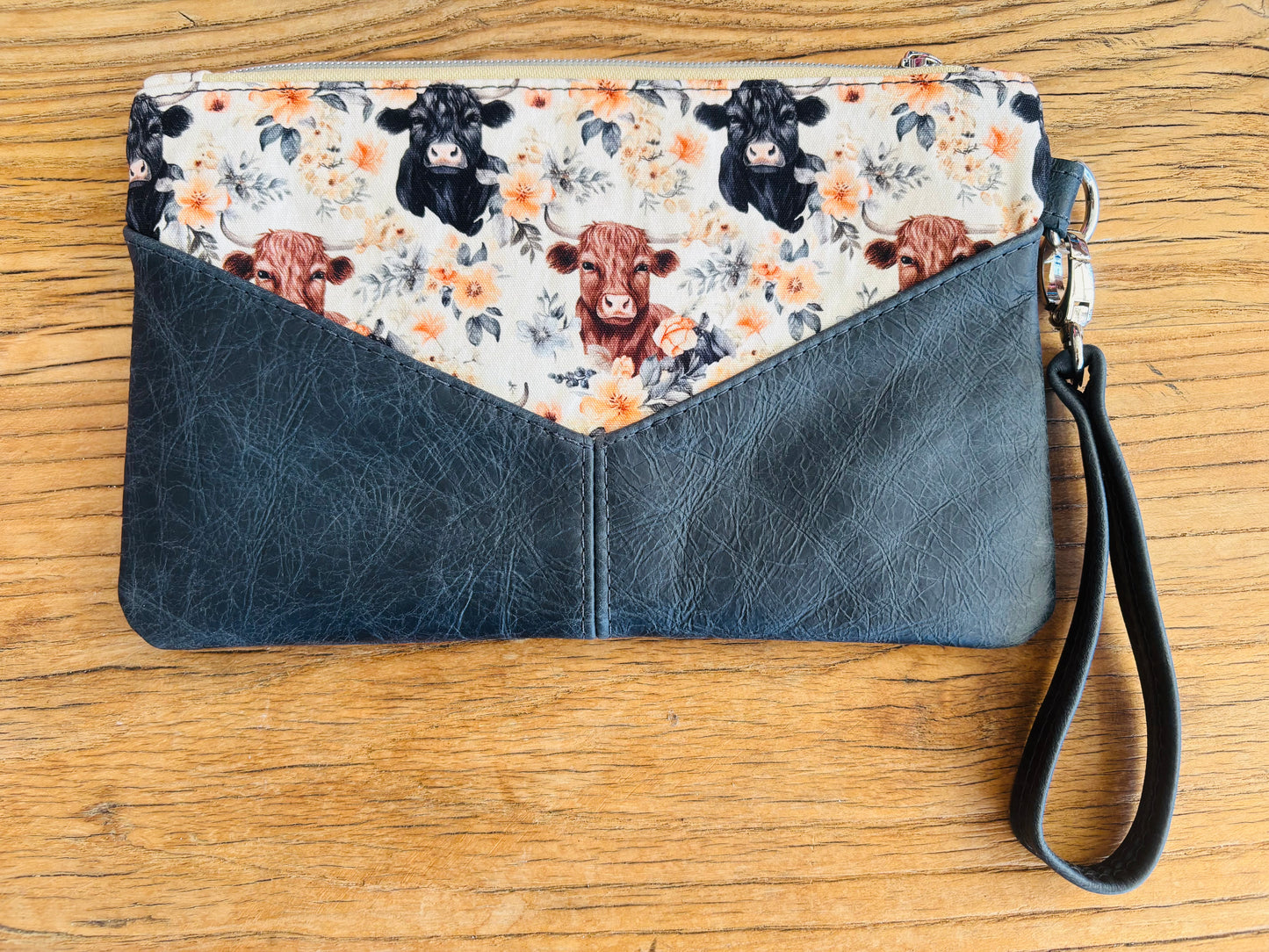 Floral Cows Fabric & Leather Wristlet Clutch