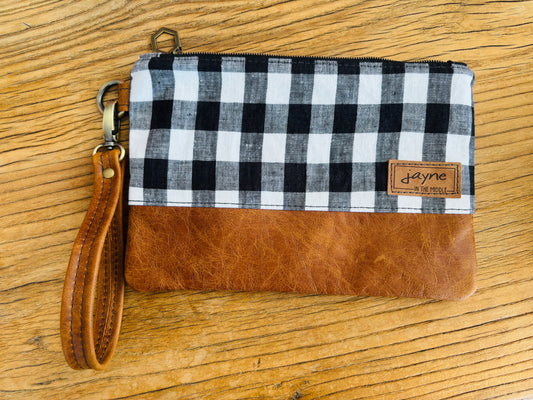 Black Gingham Fabric & Leather Wristlet Clutch