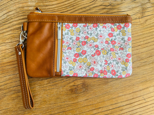Florals Leather & Fabric Duo Zipper Wristlet Clutch