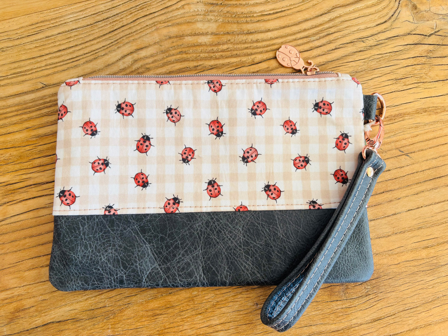 Lady Bug Fabric & Leather Wristlet Clutch