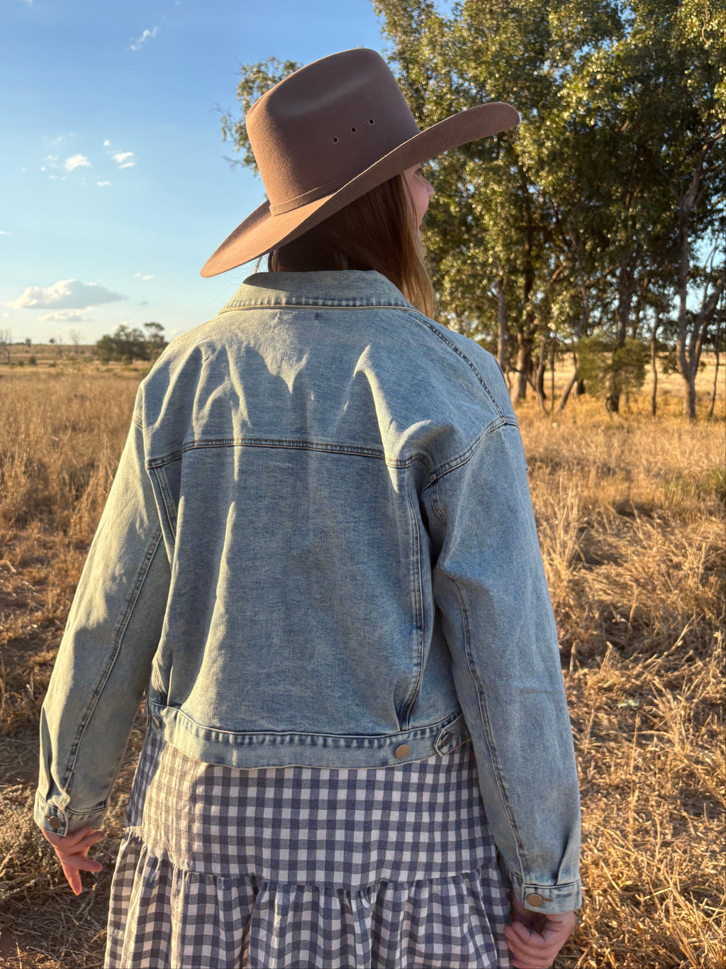 A person standing outdoors in a dry grassy field, viewed from behind, wearing a brown wide-brim hat, a light-wash denim jacket, and a blue-and-white gingham dress.