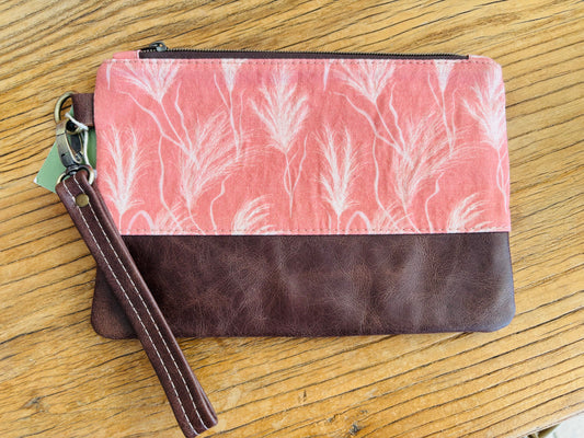 Pink Grass Fabric & Leather Wristlet Clutch