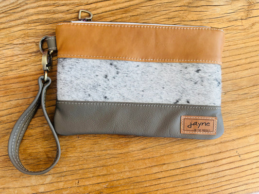 Tan & Green Cowhide & Tri Tone Leather Wristlet Clutch