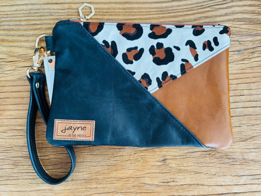 White Leopard Fabric & Black/Tan Two Tone Leather Wristlet Clutch