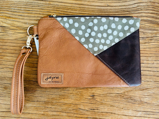 Green & White Poke-a-dot Fabric & Tan/Brown Two Tone Leather Wristlet Clutch