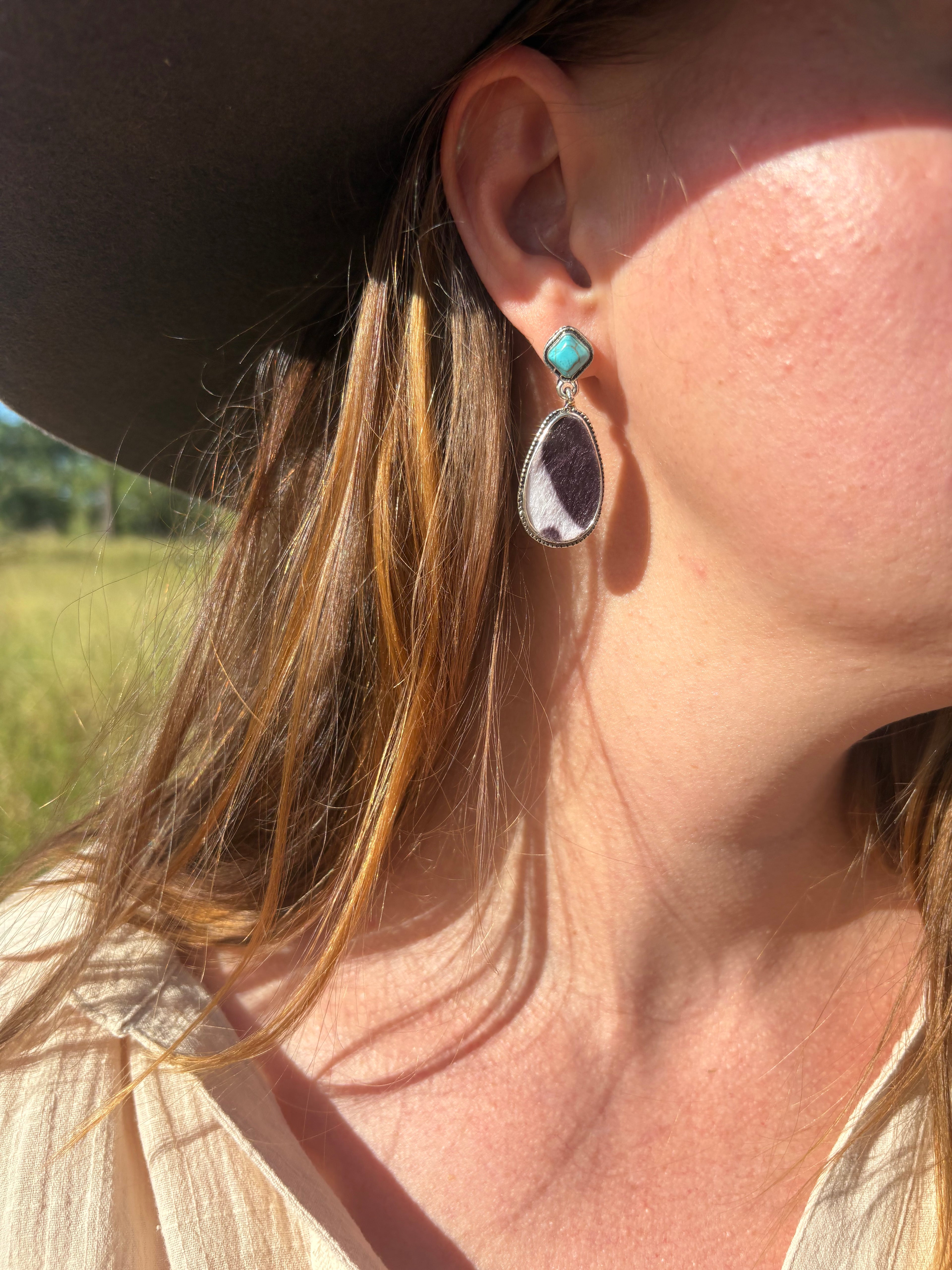 Turquoise Drop Earrings with Faux Hide