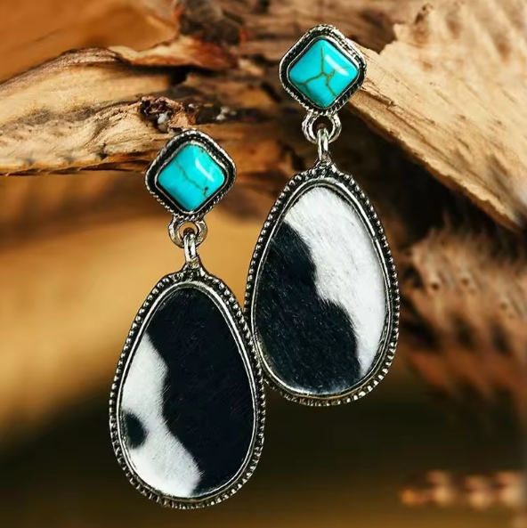 Turquoise Drop Earrings with Faux Hide