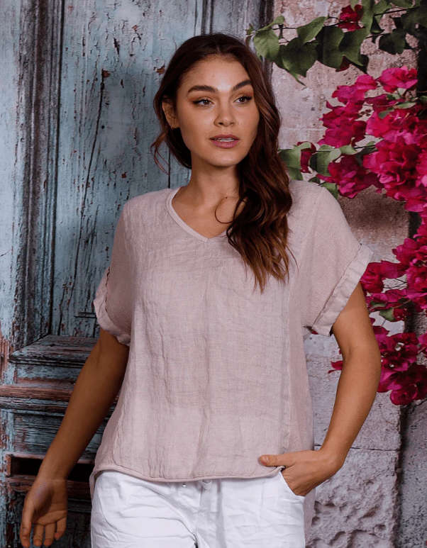 La Strada Italian Linen V Neck Shirt ROSA Size S