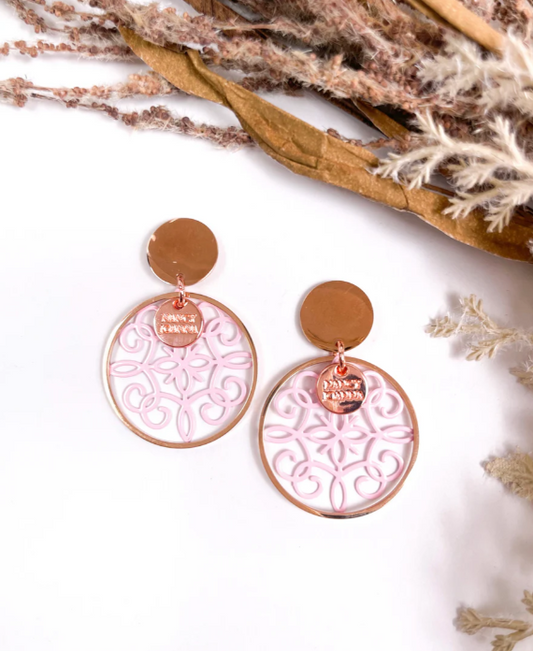 Pink Scroll Lace Earrings Rose Gold