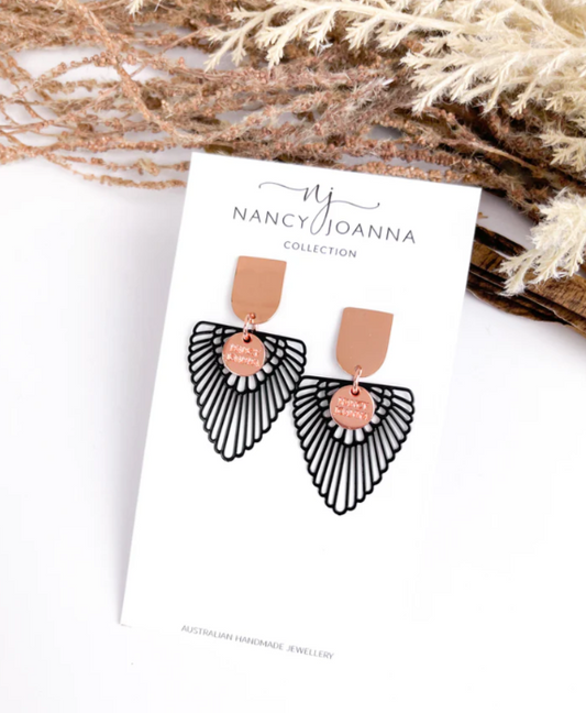 Black Lace Wing Drops Earrings Rose Gold