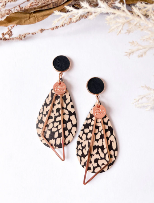 Concrete & Black Leopards Teardrop Earrings Rose Gold