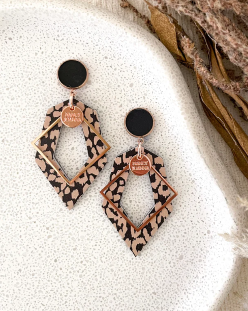 Concrete & Black Leopards Geos Earrings Rose Gold