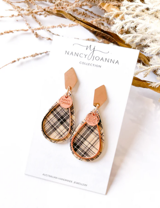 Mini Natural Brown Plaid Teardrops Earrings Rose Gold