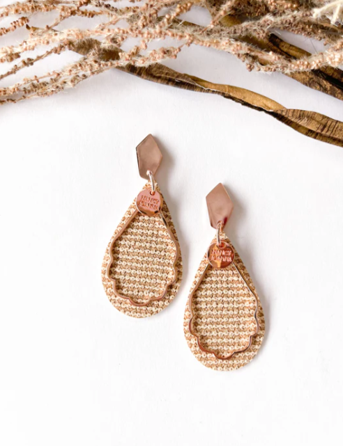 Brown Tone Textured Teardrop Earrings Rose Gold